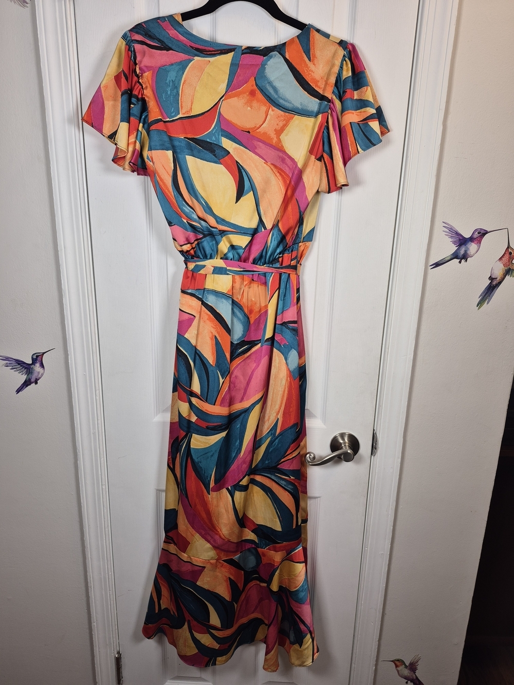 Nicole Miller Flutter Sleeve Ruffle Wrap Midi Dress Abstract Art Print S - Picture 2 of 8
